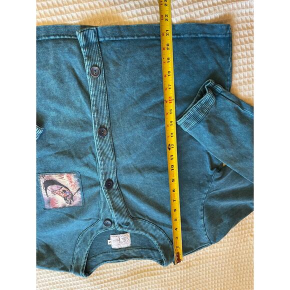 Michael Leu Washed Blue Button Front Cotton Cardigan W/ Painted Style Graphic Sm - Picture 6 of 11